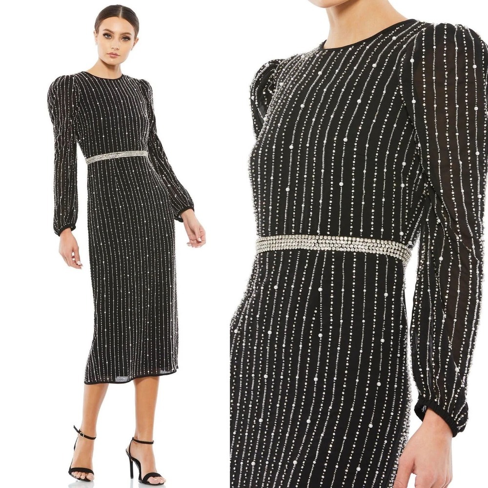 NEW MAC DUGGAL 93622 $498 BLACK LONG SLEEVE PUFF SLEEVE BEADED MIDI DRESS Size 8